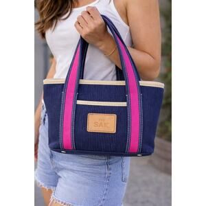 The Sak Knit Satchel Tote Navy Pink Stripe Small Shoulder Bag Boho Casual